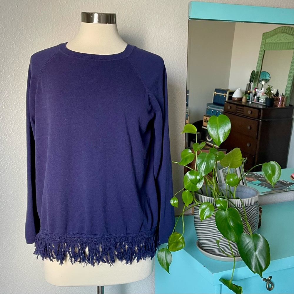 Navy Blue Sail to Sable Cotton Blend Sweater Fringe Hem Large